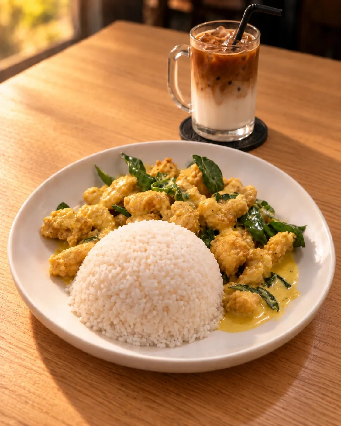 Buttermilk mock chicken with rice and an iced coffee
