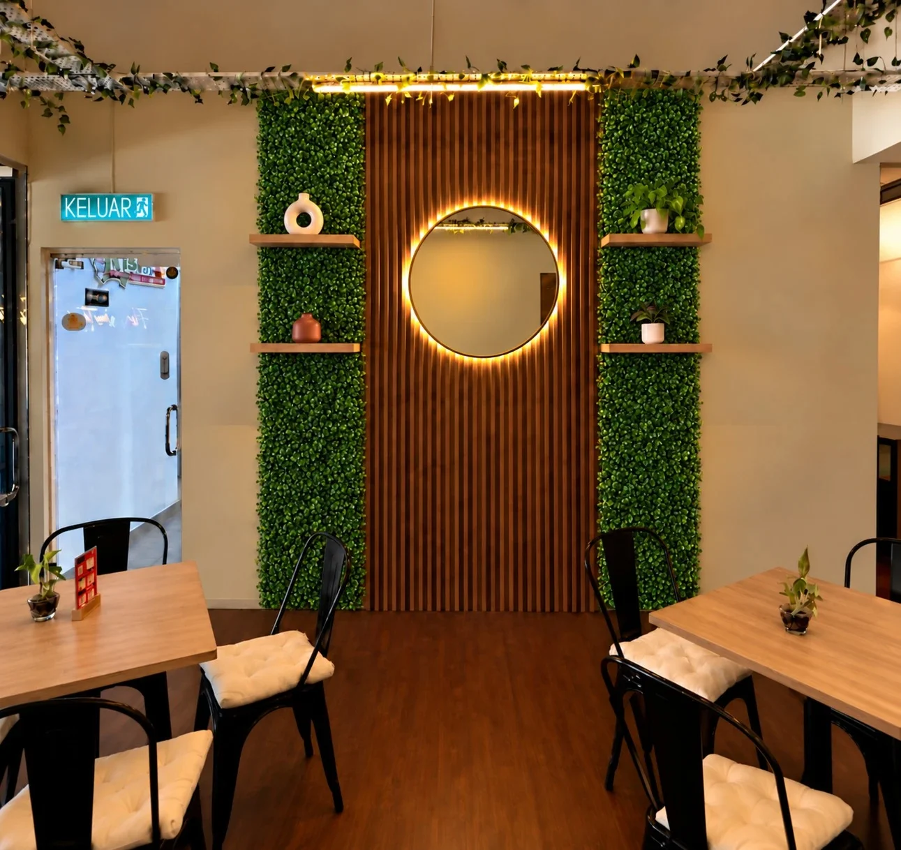 The green wall and round mirror in the dining room at Kiya's TTDI
