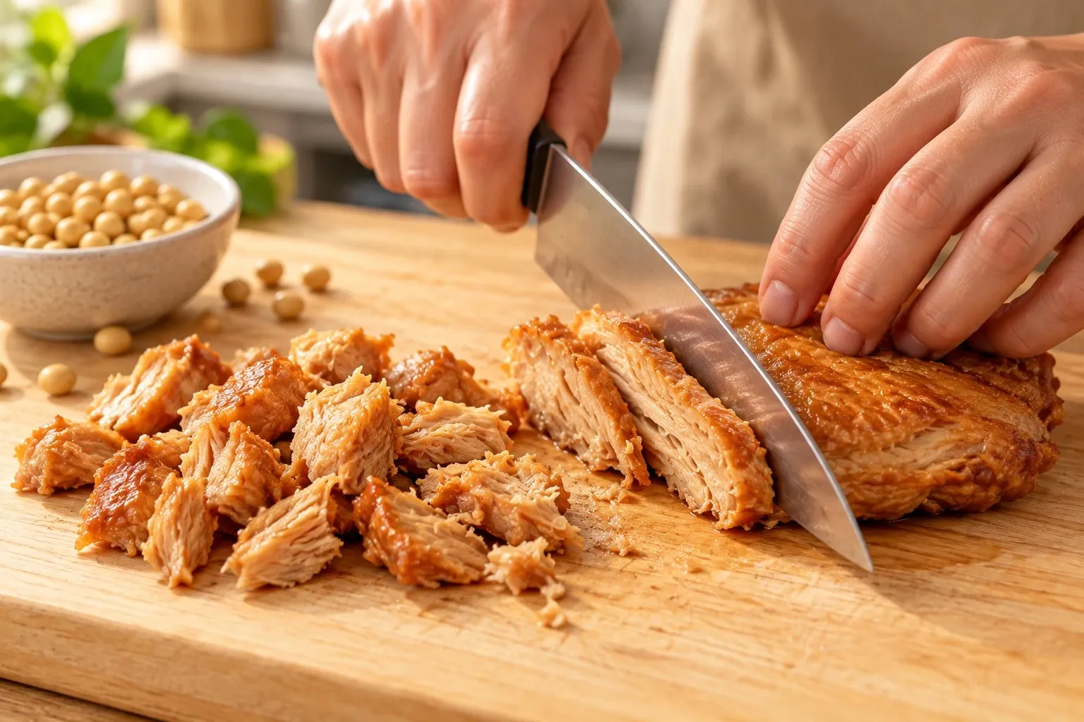 Soy-based mock chicken being sliced into bite-sized pieces