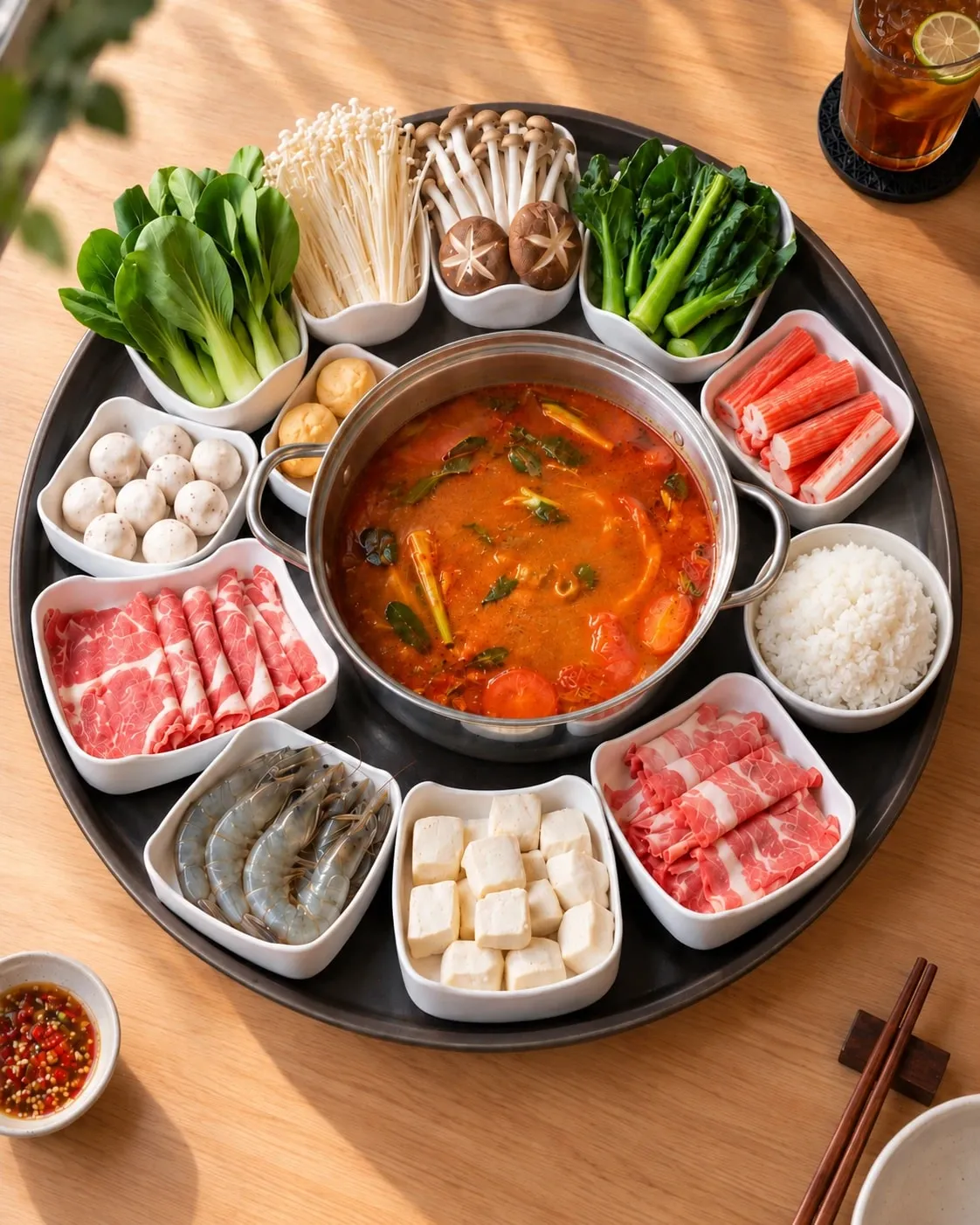 A steamboat tray of greens, mushrooms, beef and lamb rolls, prawns, tofu and rice around a pot of tom yum broth